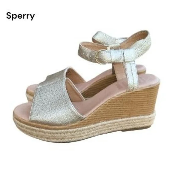 Sperry Topsider Plushwave Fairwater Metallic Gold Tan Leather Espadrille Wedge 9 - Picture 4 of 13